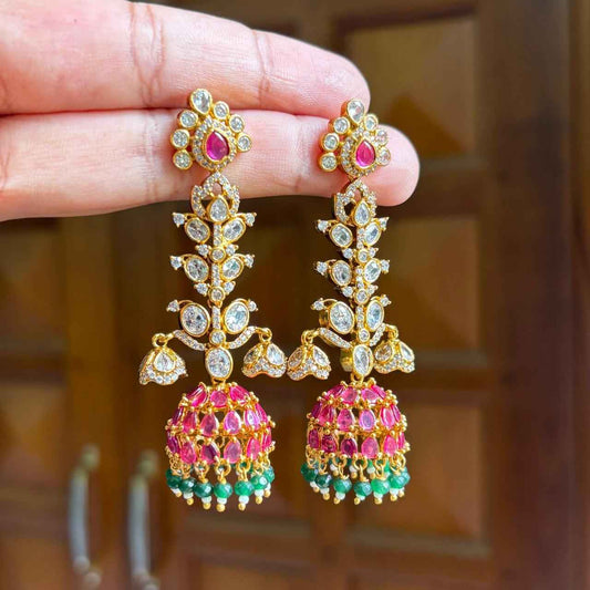 Premium Quality Floral Jhumka desgined With Ruby color kemp stones AD Stones Polka Diamonds with green crystal hanging J0057-NJ63