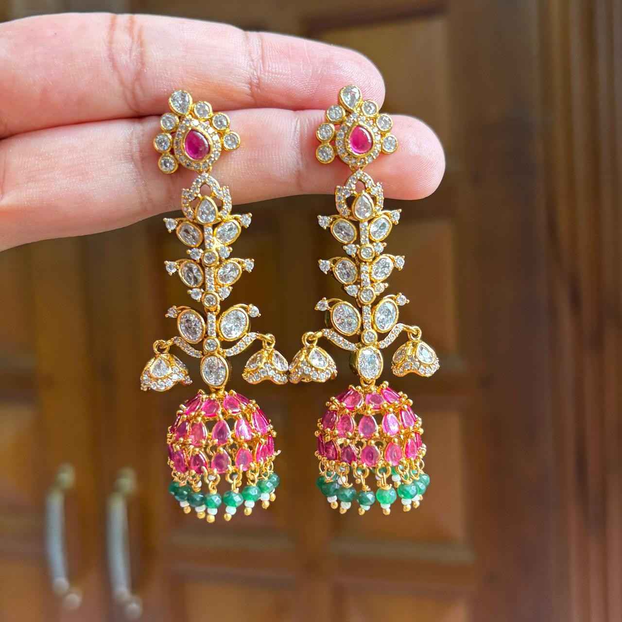 Premium Quality Floral Jhumka desgined With Ruby color kemp stones AD Stones Polka Diamonds with green crystal hanging J0057-NJ63