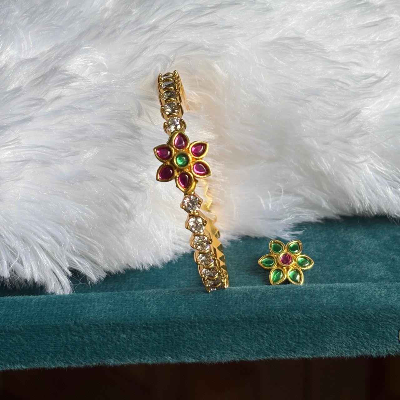 Premium Quality 2 in 1 Openable kada Bangle with Polka Diamonds this comes with 2 kemp stone Screw flowers K0016-CV90