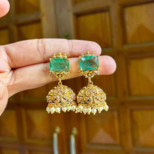 Premium Quality Floral  Antique Jhumka designed With Big Emerald Green Stone with Pearl hanging J0058-CV38