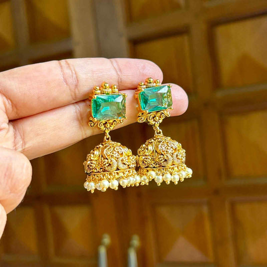 Premium Quality Floral  Antique Jhumka designed With Big Emerald Green Stone with Pearl hanging J0058-CV38