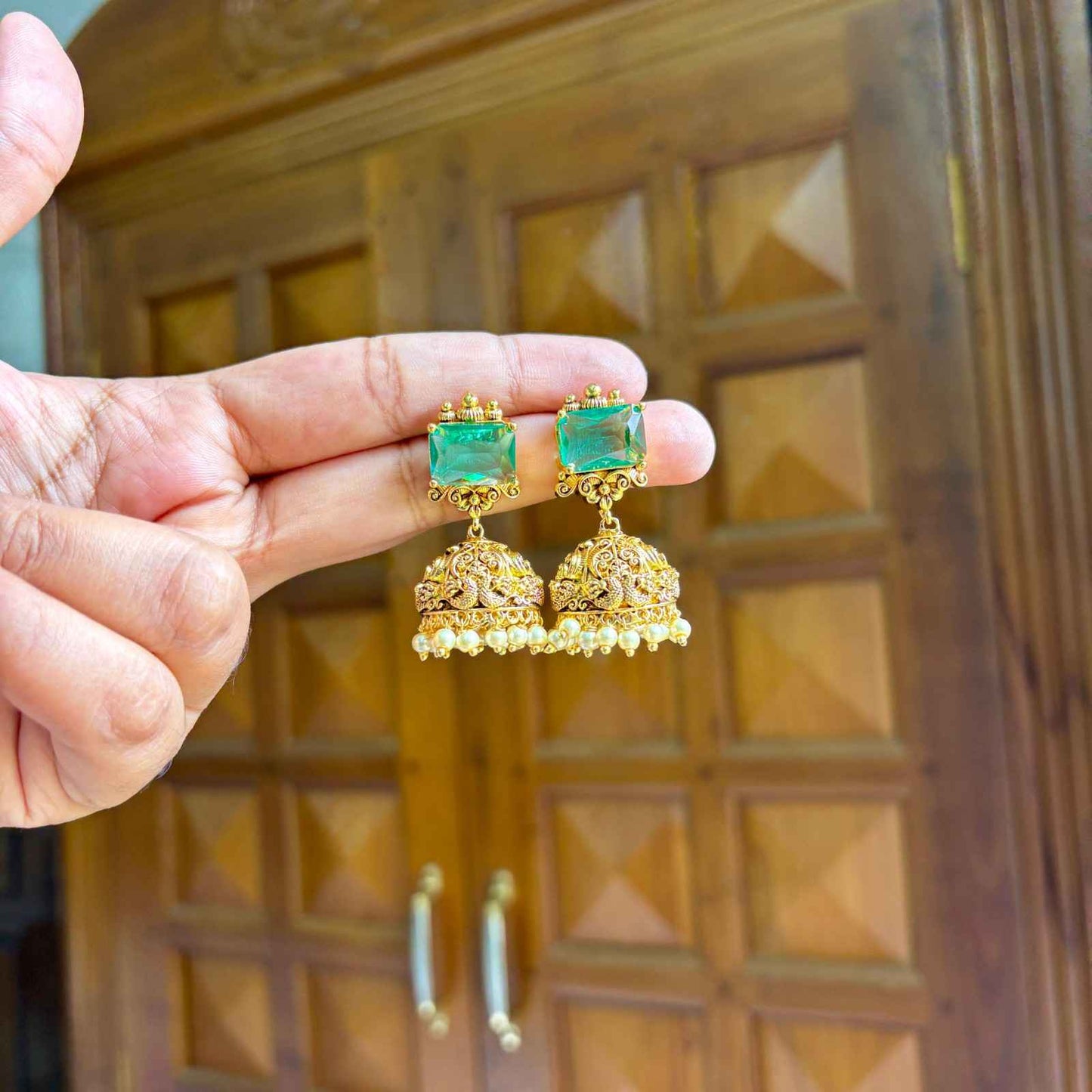 Premium Quality Floral  Antique Jhumka designed With Big Emerald Green Stone with Pearl hanging J0058-CV38