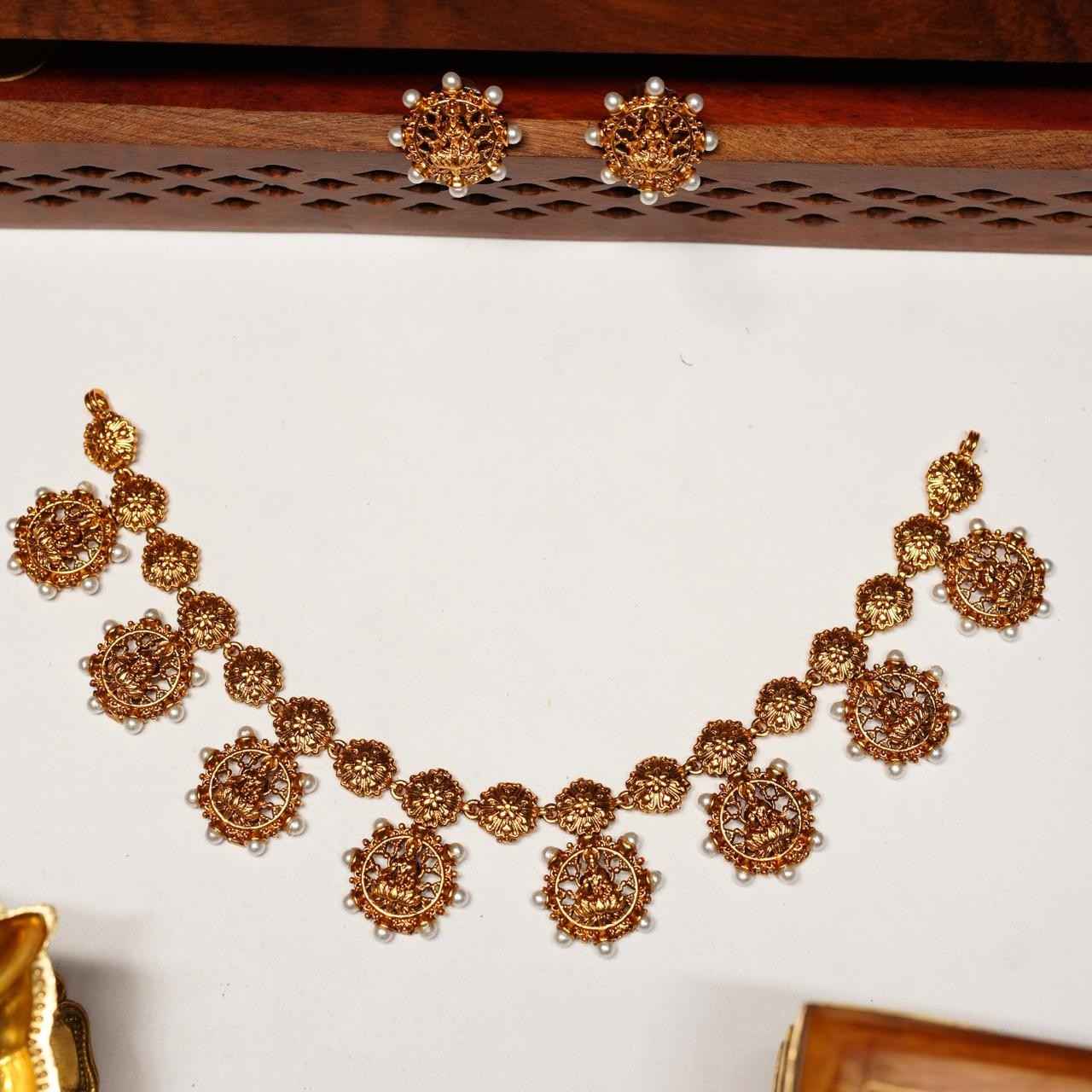 Traditional Lakshmi Necklace with Pearl Design Matte Finish N0074-CJ22