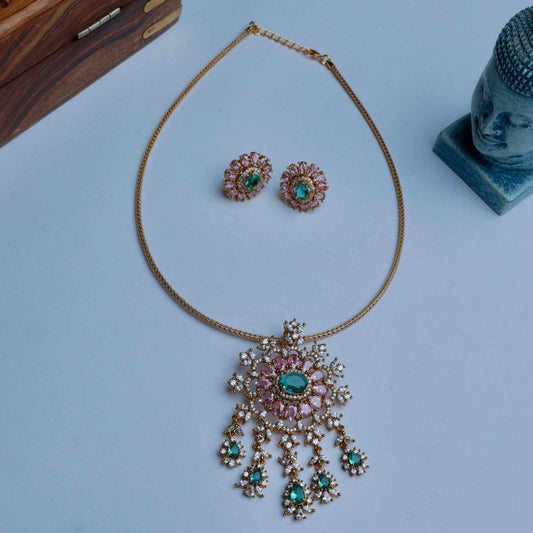 Premium Quality Italian Chain Necklace with Floral Pendent Designed with 1st quality Pastel Stones N0143-CV150