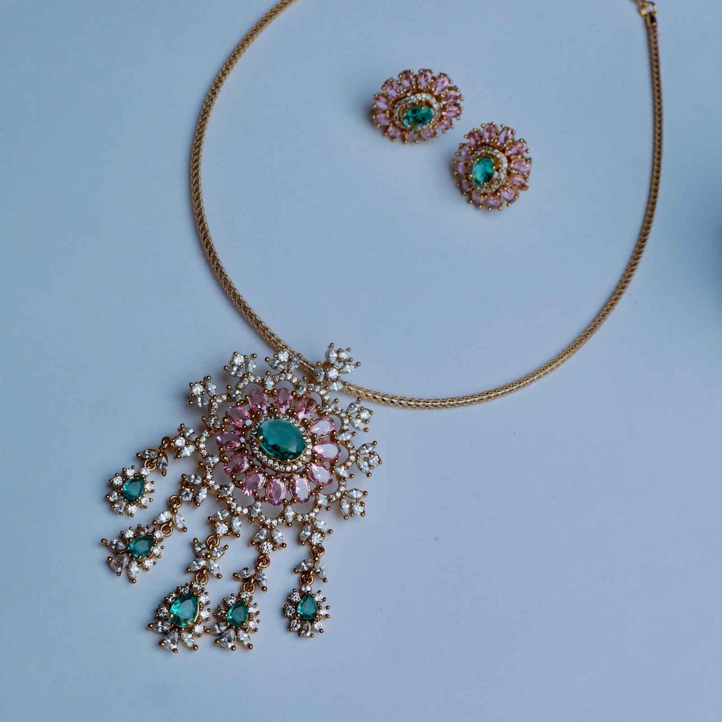 Premium Quality Italian Chain Necklace with Floral Pendent Designed with 1st quality Pastel Stones N0143-CV150