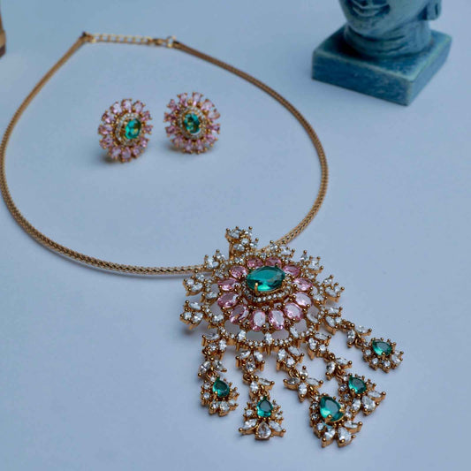 Premium Quality Italian Chain Necklace with Floral Pendent Designed with 1st quality Pastel Stones N0143-CV150