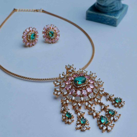 Premium Quality Italian Chain Necklace with Floral Pendent Designed with 1st quality Pastel Stones N0143-CV150