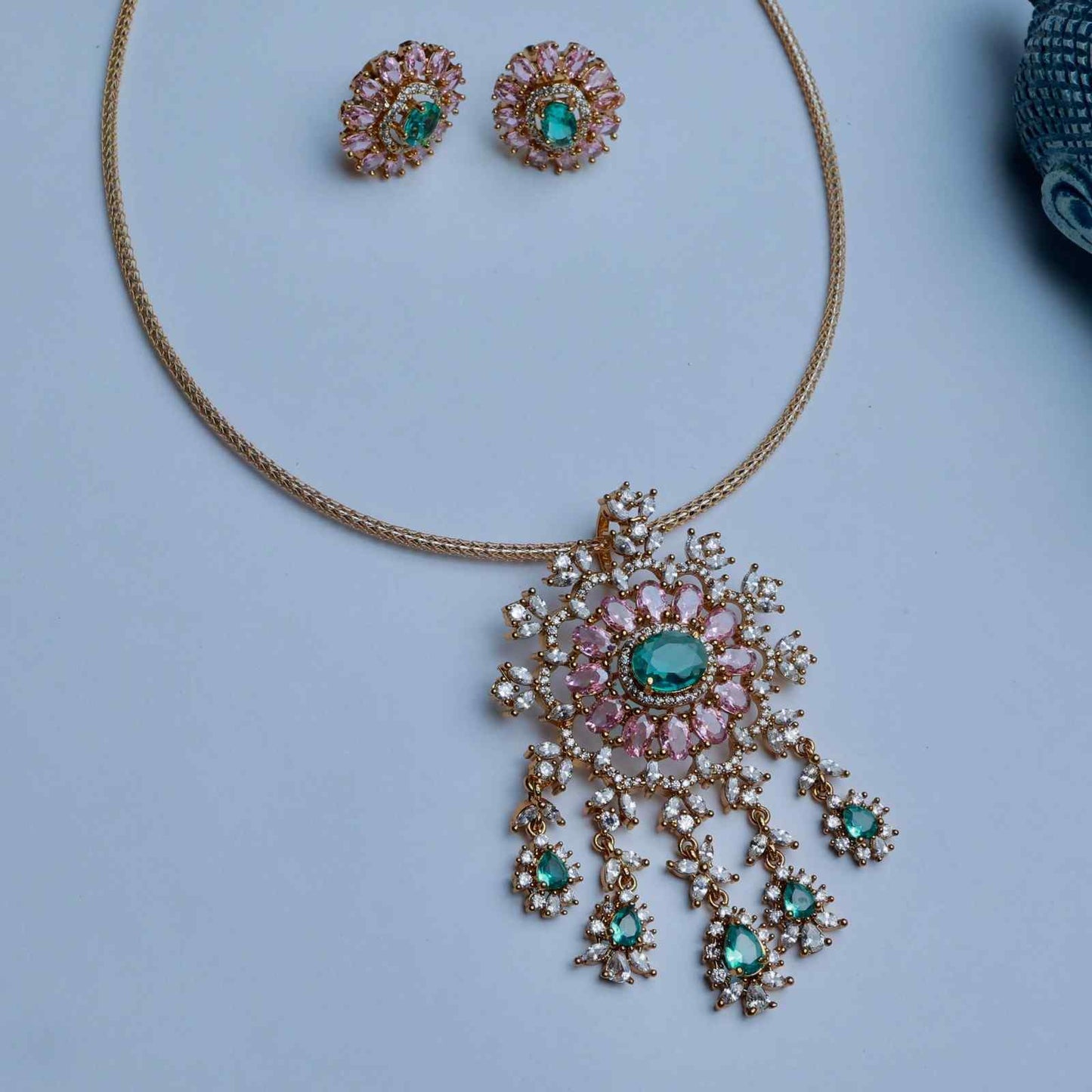 Premium Quality Italian Chain Necklace with Floral Pendent Designed with 1st quality Pastel Stones N0143-CV150