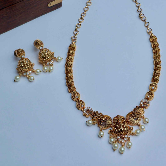 Premium Quality Brass Metal Gold inspired  Lakshmi Necklace with matching earring minimal necklace N0054-CV100