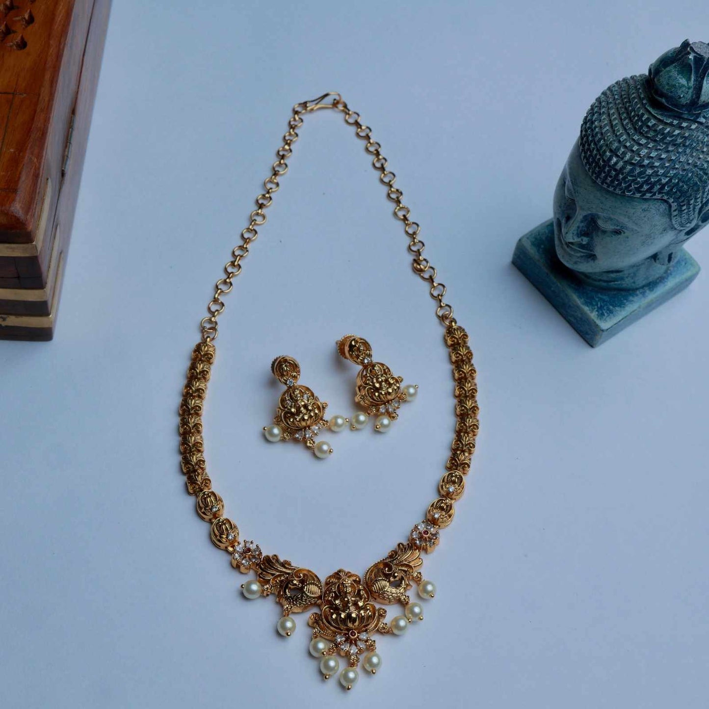 Premium Quality Brass Metal Gold inspired  Lakshmi Necklace with matching earring minimal necklace N0054-CV100