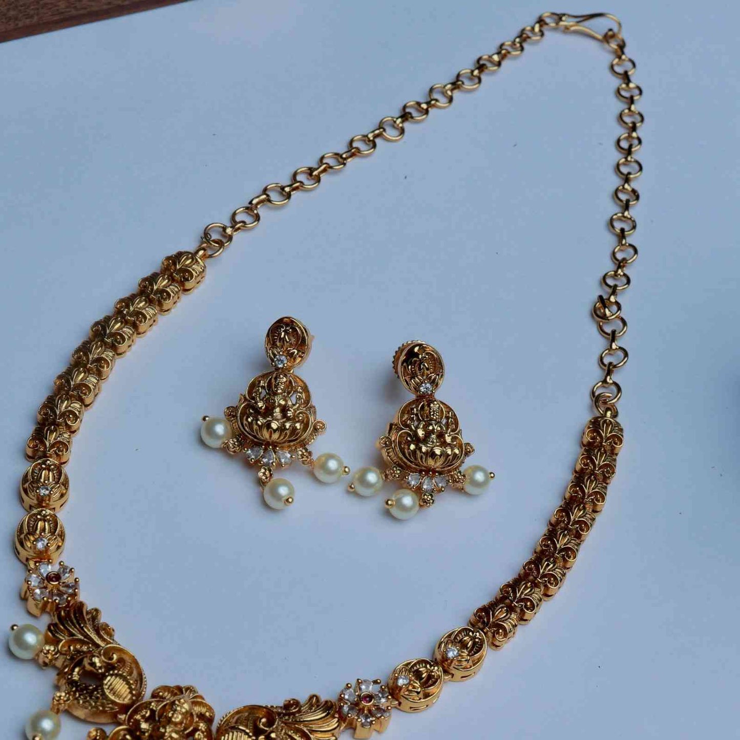 Premium Quality Brass Metal Gold inspired  Lakshmi Necklace with matching earring minimal necklace N0054-CV100