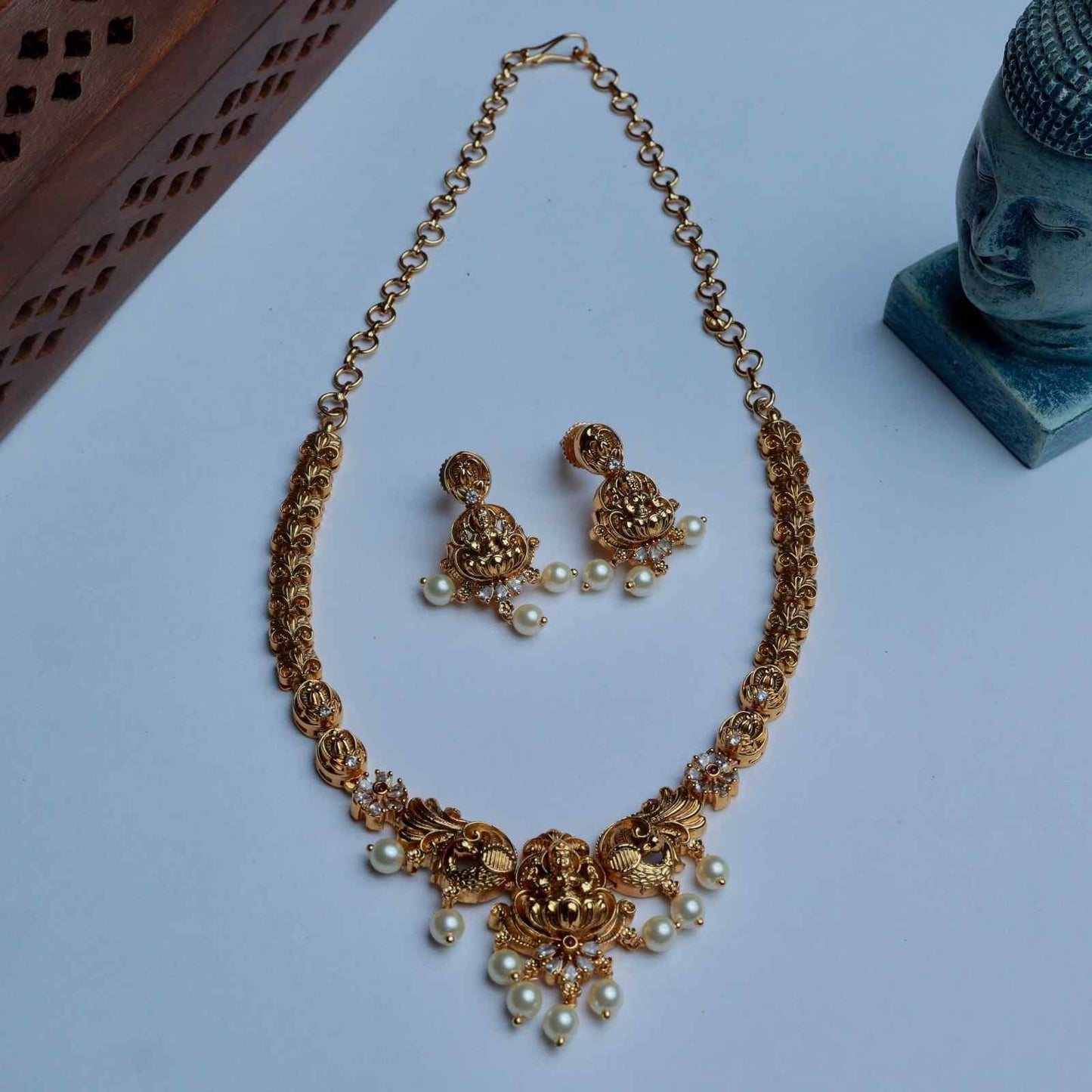 Premium Quality Brass Metal Gold inspired  Lakshmi Necklace with matching earring minimal necklace N0054-CV100