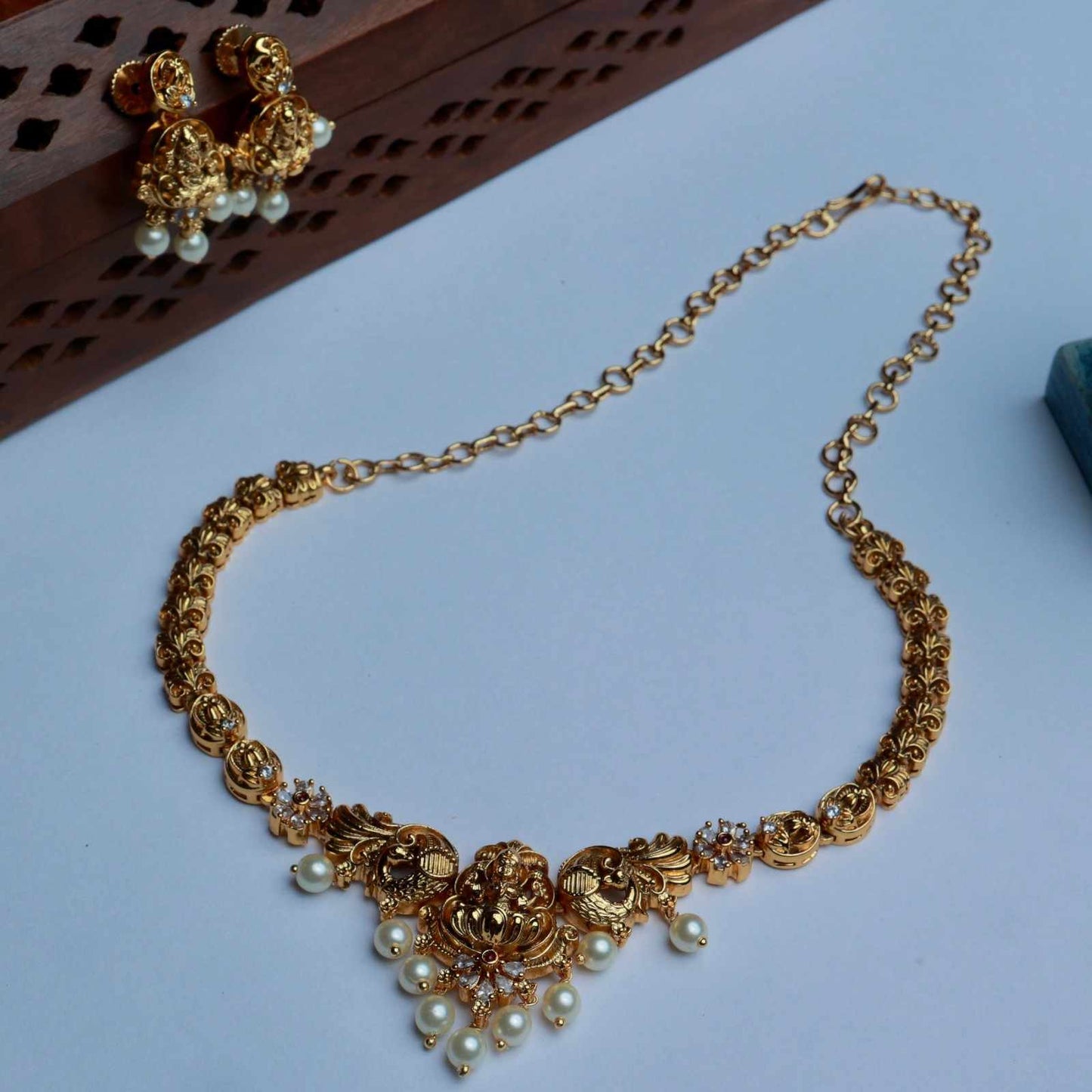 Premium Quality Brass Metal Gold inspired  Lakshmi Necklace with matching earring minimal necklace N0054-CV100