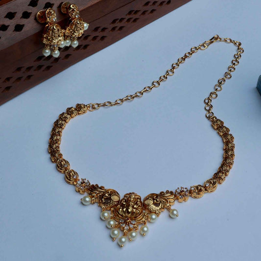 Premium Quality Brass Metal Gold inspired  Lakshmi Necklace with matching earring minimal necklace N0054-CV100