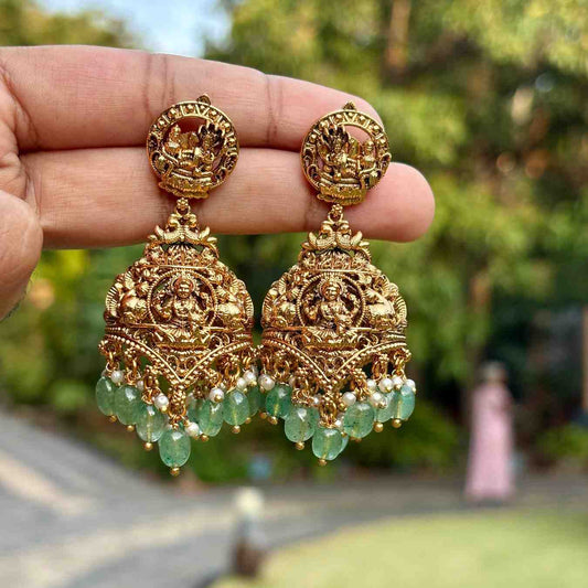Premium Quality Temple Collection Unique Jhumka With Emerald Green Hydro Beads Hanging J0059-CJ96
