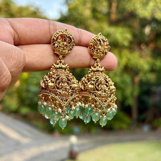 Premium Quality Temple Collection Unique Jhumka With Emerald Green Hydro Beads Hanging J0059-CJ96
