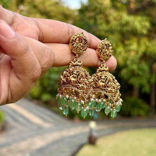 Premium Quality Temple Collection Unique Jhumka With Emerald Green Hydro Beads Hanging J0059-CJ96