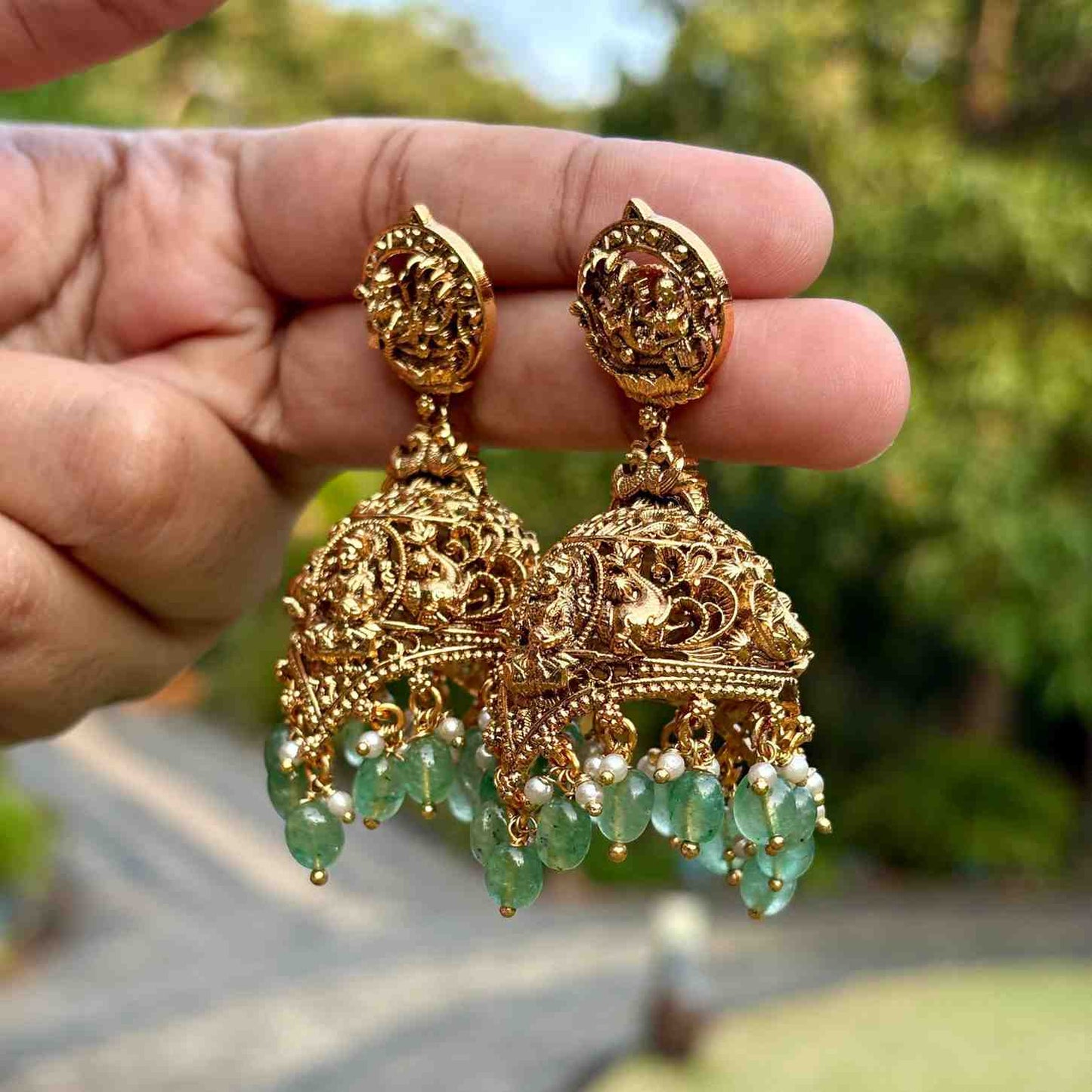 Premium Quality Temple Collection Unique Jhumka With Emerald Green Hydro Beads Hanging J0059-CJ96