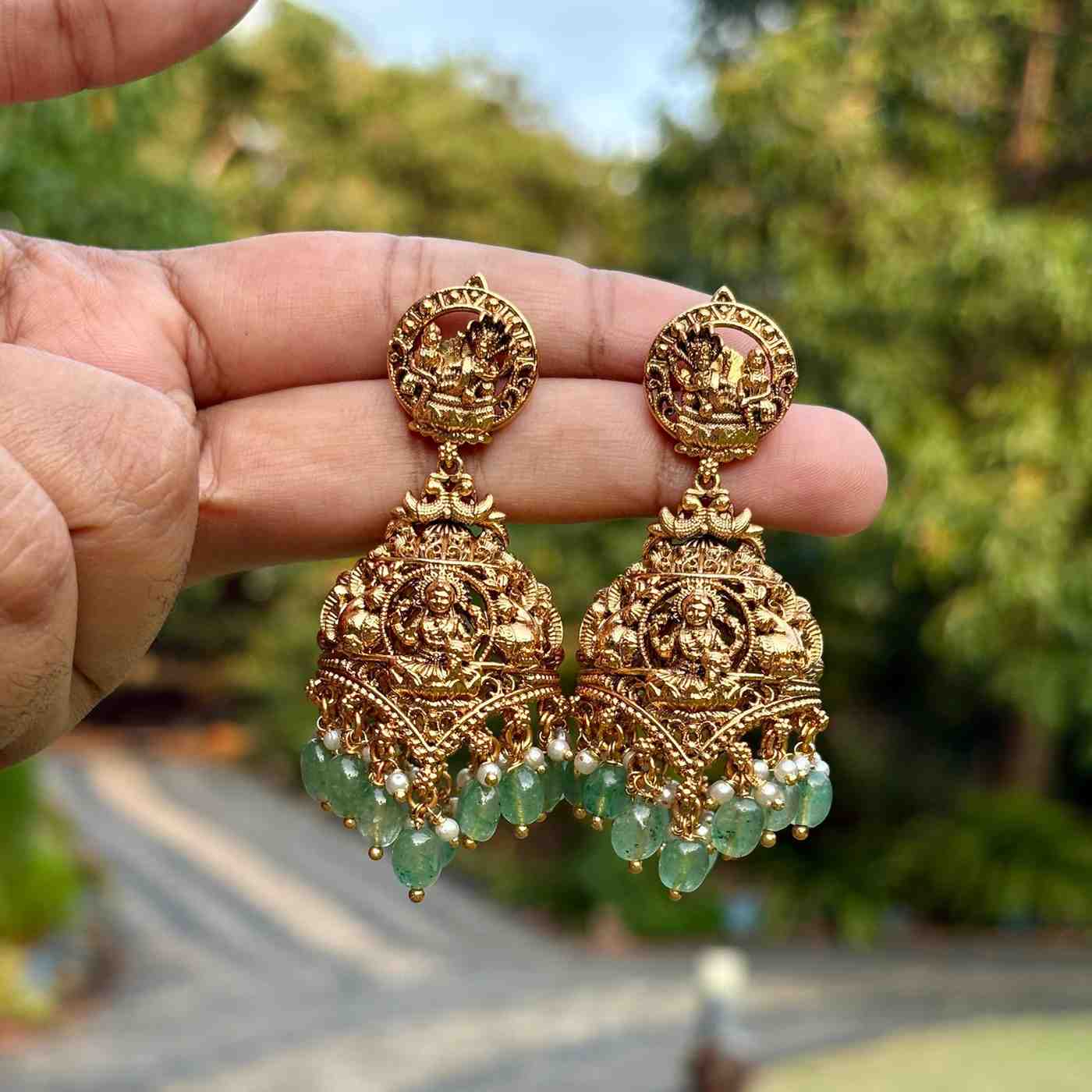 Premium Quality Temple Collection Unique Jhumka With Emerald Green Hydro Beads Hanging J0059-CJ96