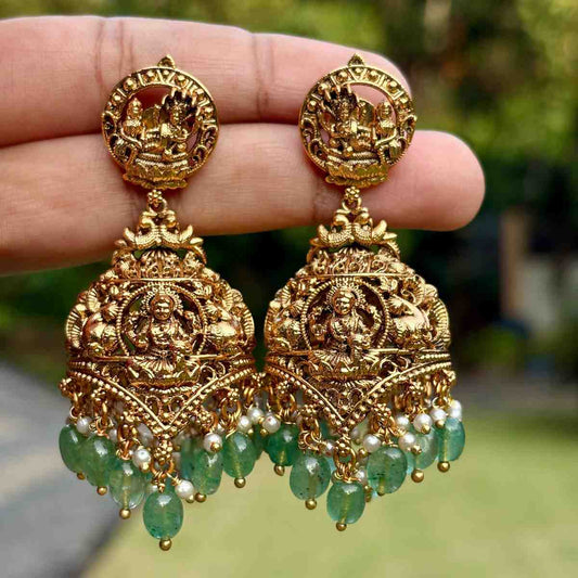 Premium Quality Temple Collection Unique Jhumka With Emerald Green Hydro Beads Hanging J0059-CJ96