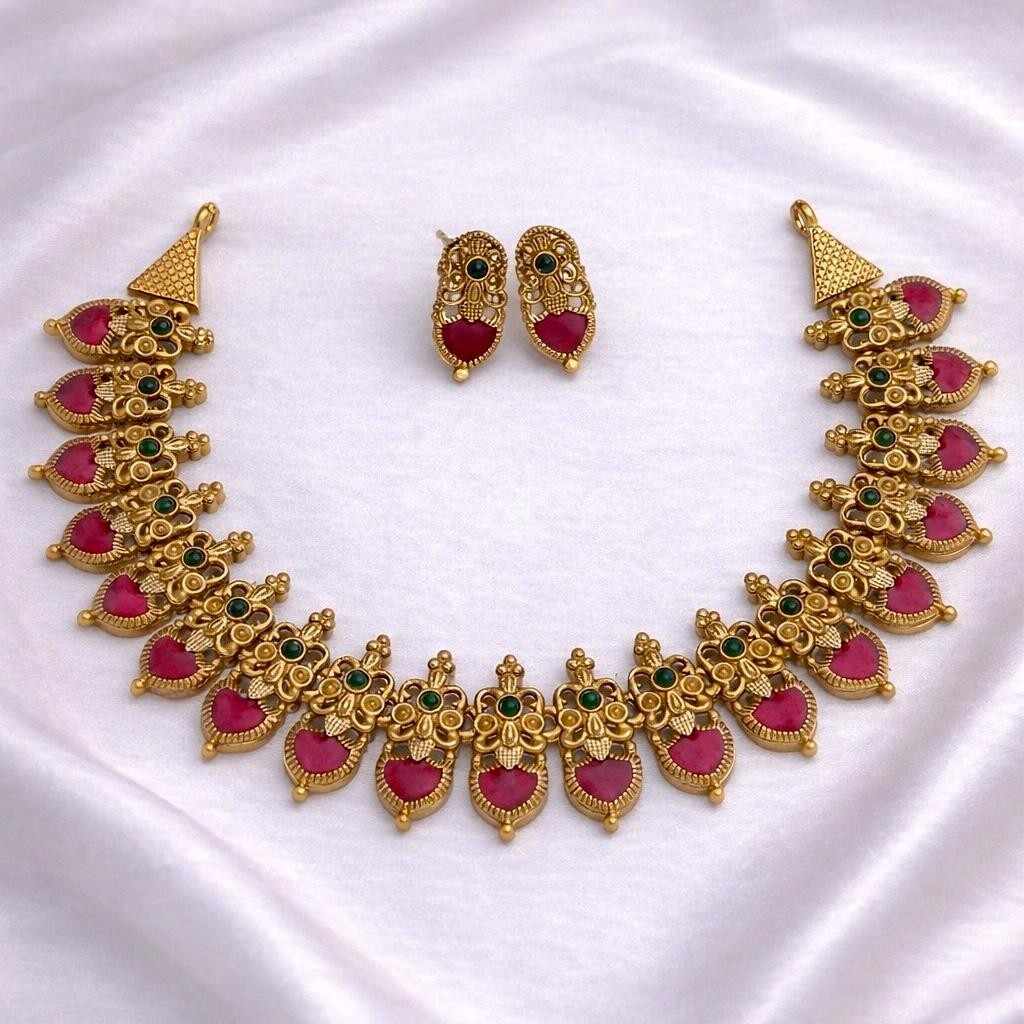 Matte finish Premium look Kerala Traditional Red Palaka Necklace with earrings  N0041-CJ23