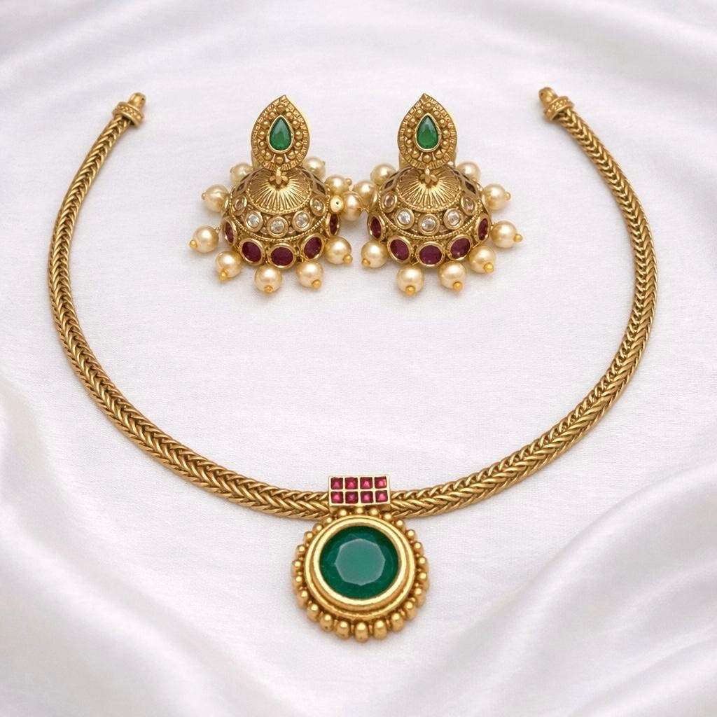 Premium Quality Traditional Attigai type Necklace with Emerald Stone paired with Cute Jhumka N0112-CI30
