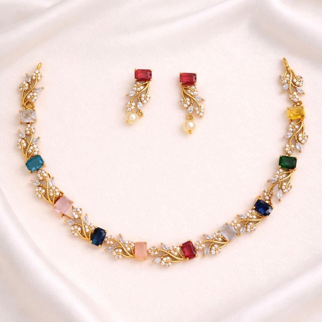 Premium Quality Navaratnam Multi Color  Necklace with vine Leafy Pattern N0109-CI33