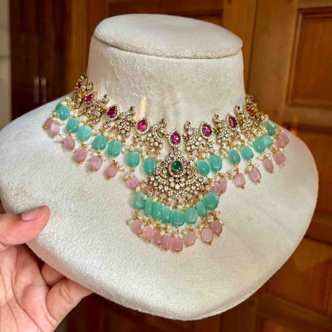 Premium Quality Stone Necklace Statement piece Parrot Motif on it unique design with Pastel Bead Hanging N0151-CS120