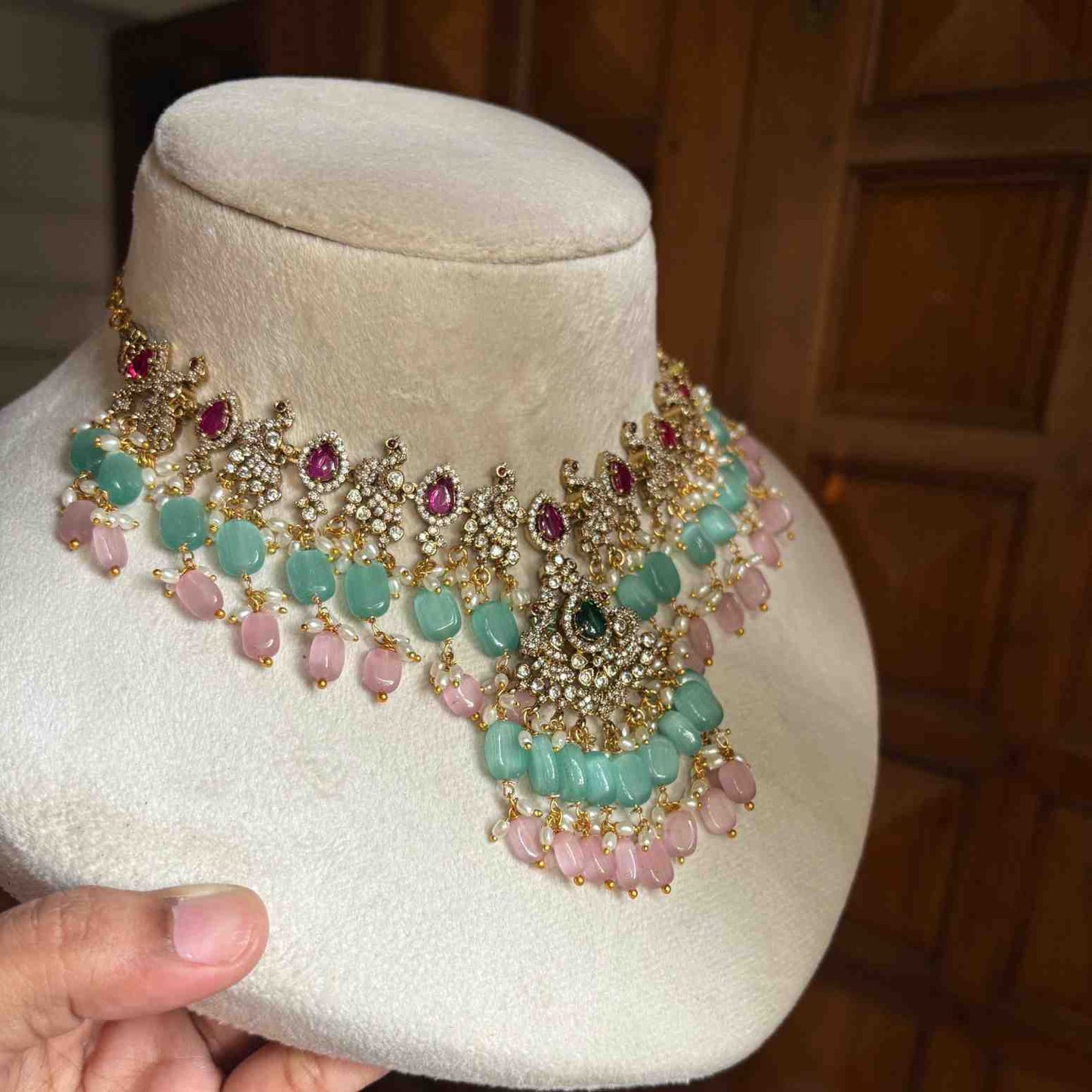 Premium Quality Stone Necklace Statement piece Parrot Motif on it unique design with Pastel Bead Hanging N0151-CS120