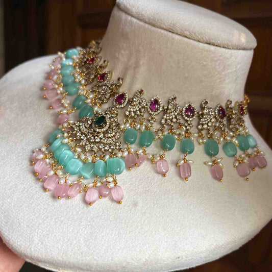 Premium Quality Stone Necklace Statement piece Parrot Motif on it unique design with Pastel Bead Hanging N0151-CS120