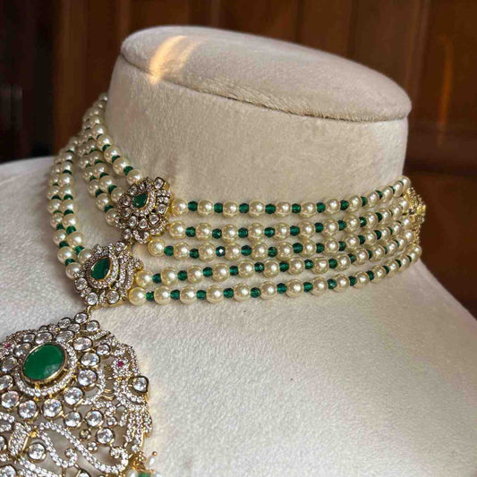 Premium Quality Pearl, Crystal green Bead Necklace Designed with AD White Stone And Emerald Green Stone  N0152-CS160
