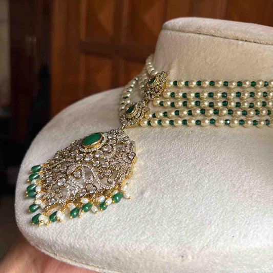 Premium Quality Pearl, Crystal green Bead Necklace Designed with AD White Stone And Emerald Green Stone  N0152-CS160