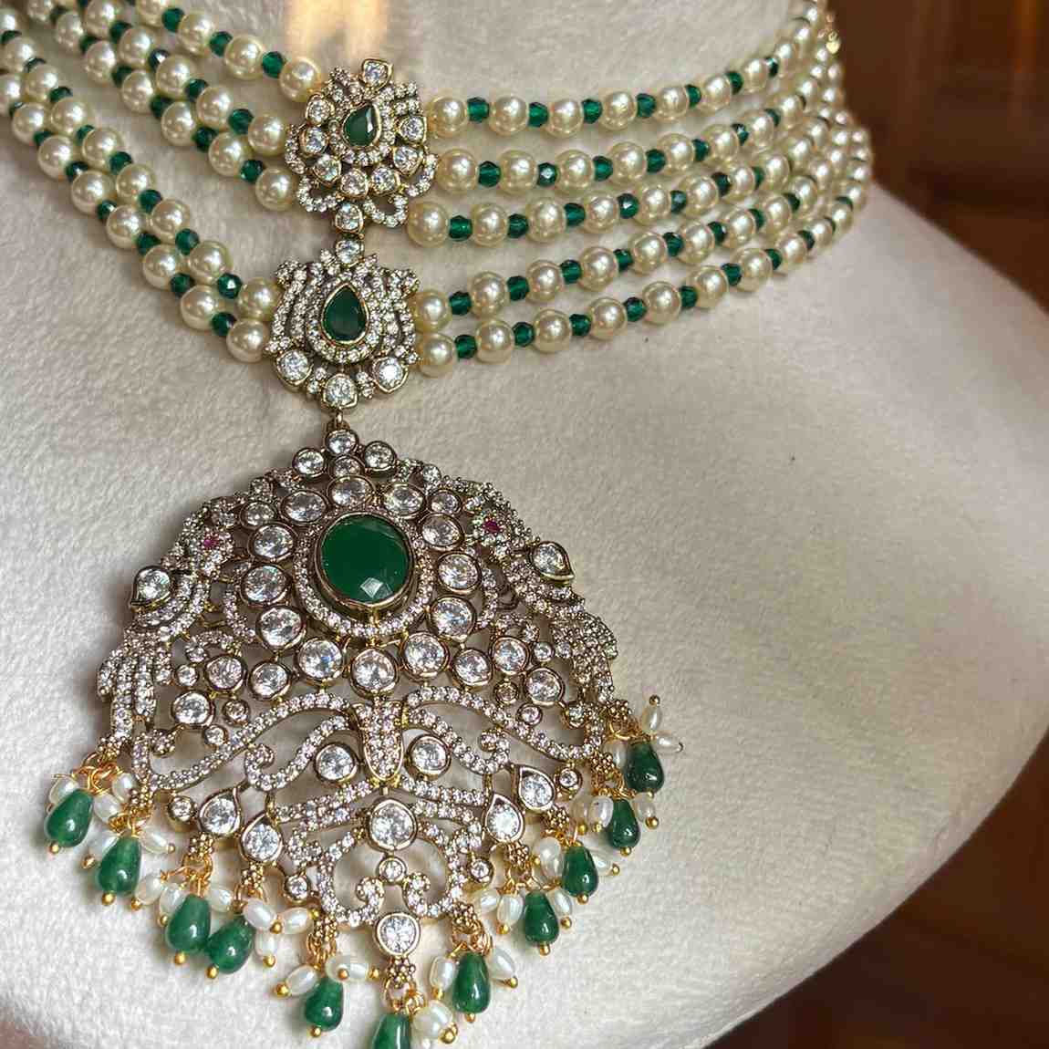 Premium Quality Pearl, Crystal green Bead Necklace Designed with AD White Stone And Emerald Green Stone  N0152-CS160