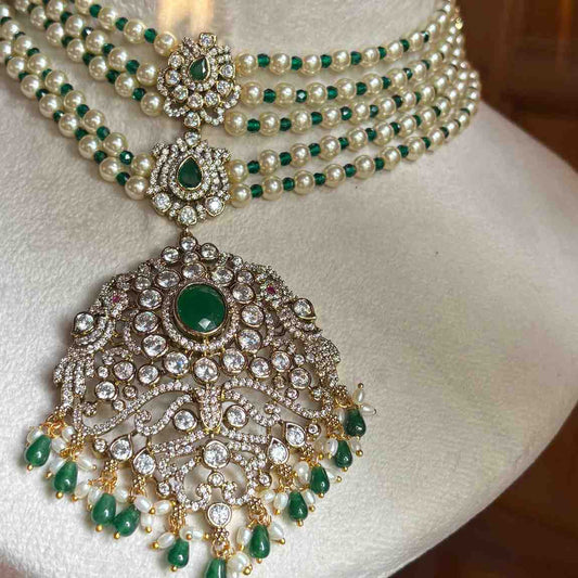 Premium Quality Pearl, Crystal green Bead Necklace Designed with AD White Stone And Emerald Green Stone  N0152-CS160