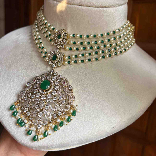 Premium Quality Pearl, Crystal green Bead Necklace Designed with AD White Stone And Emerald Green Stone  N0152-CS160