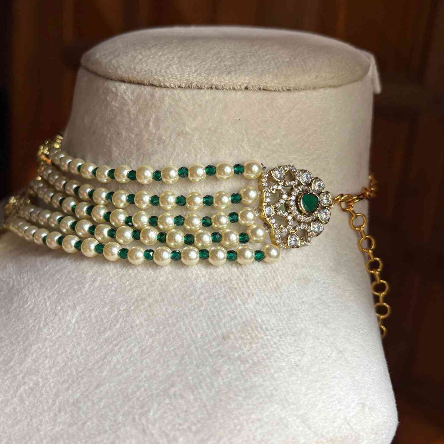 Premium Quality Pearl, Crystal green Bead Necklace Designed with AD White Stone And Emerald Green Stone  N0152-CS160