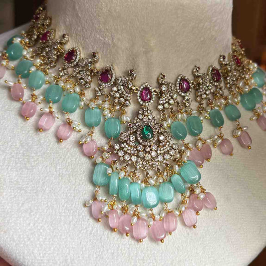 Premium Quality Stone Necklace Statement piece Parrot Motif on it unique design with Pastel Bead Hanging N0151-CS120