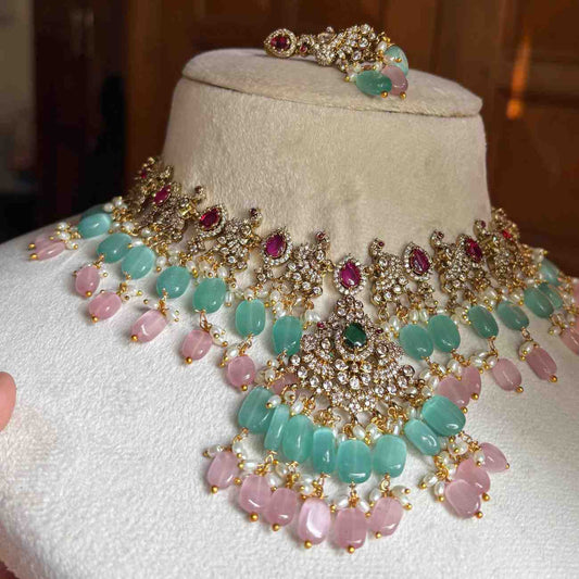 Premium Quality Stone Necklace Statement piece Parrot Motif on it unique design with Pastel Bead Hanging N0151-CS120