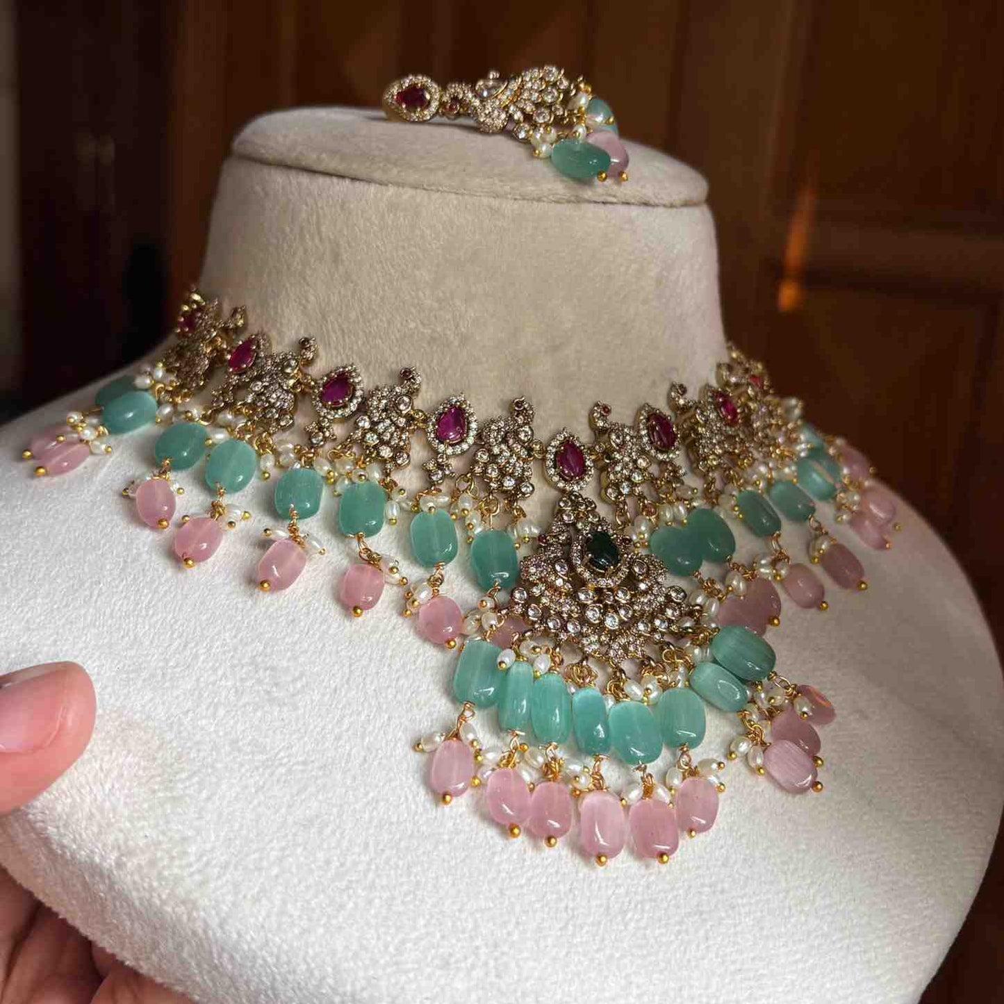 Premium Quality Stone Necklace Statement piece Parrot Motif on it unique design with Pastel Bead Hanging N0151-CS120