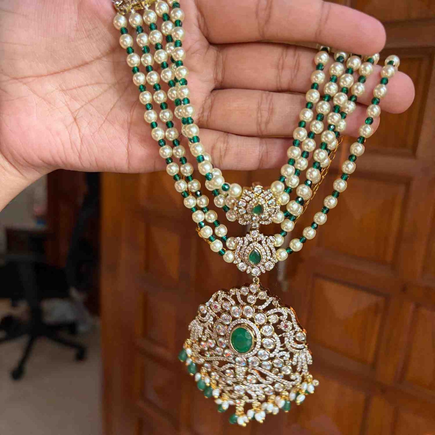 Premium Quality Pearl, Crystal green Bead Necklace Designed with AD White Stone And Emerald Green Stone  N0152-CS160