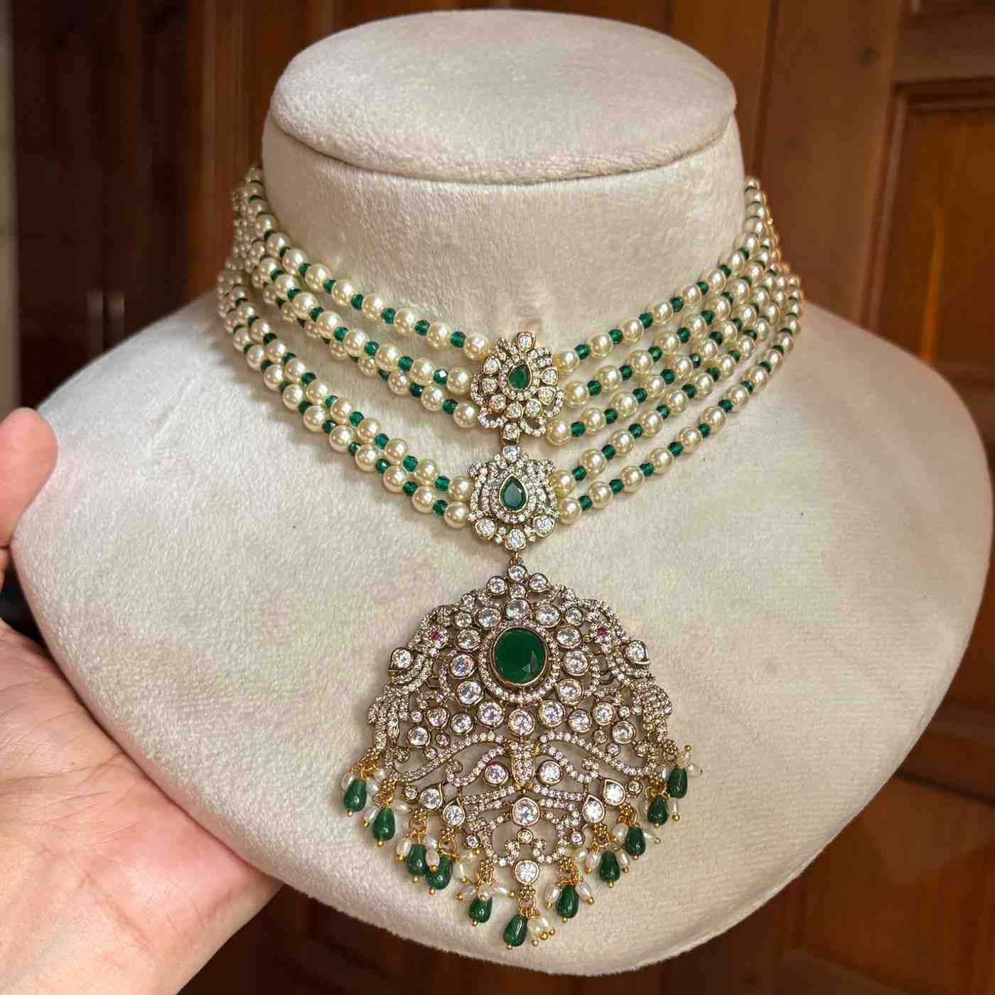 Premium Quality Pearl, Crystal green Bead Necklace Designed with AD White Stone And Emerald Green Stone  N0152-CS160