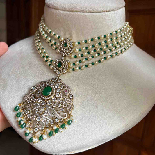 Premium Quality Pearl, Crystal green Bead Necklace Designed with AD White Stone And Emerald Green Stone  N0152-CS160