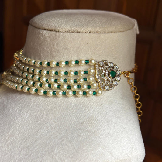 Premium Quality Pearl, Crystal green Bead Necklace Designed with AD White Stone And Emerald Green Stone  N0152-CS160