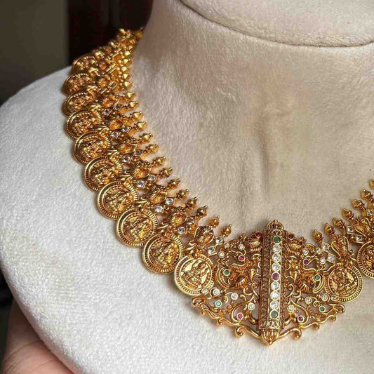 Premium Quality Traditional Lakshmi Kasu mala Designed with Trendy Patterns On it comes with screw back earrings N0153-CS200