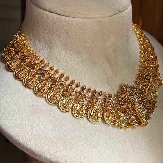 Premium Quality Traditional Lakshmi Kasu mala Designed with Trendy Patterns On it comes with screw back earrings N0153-CS200