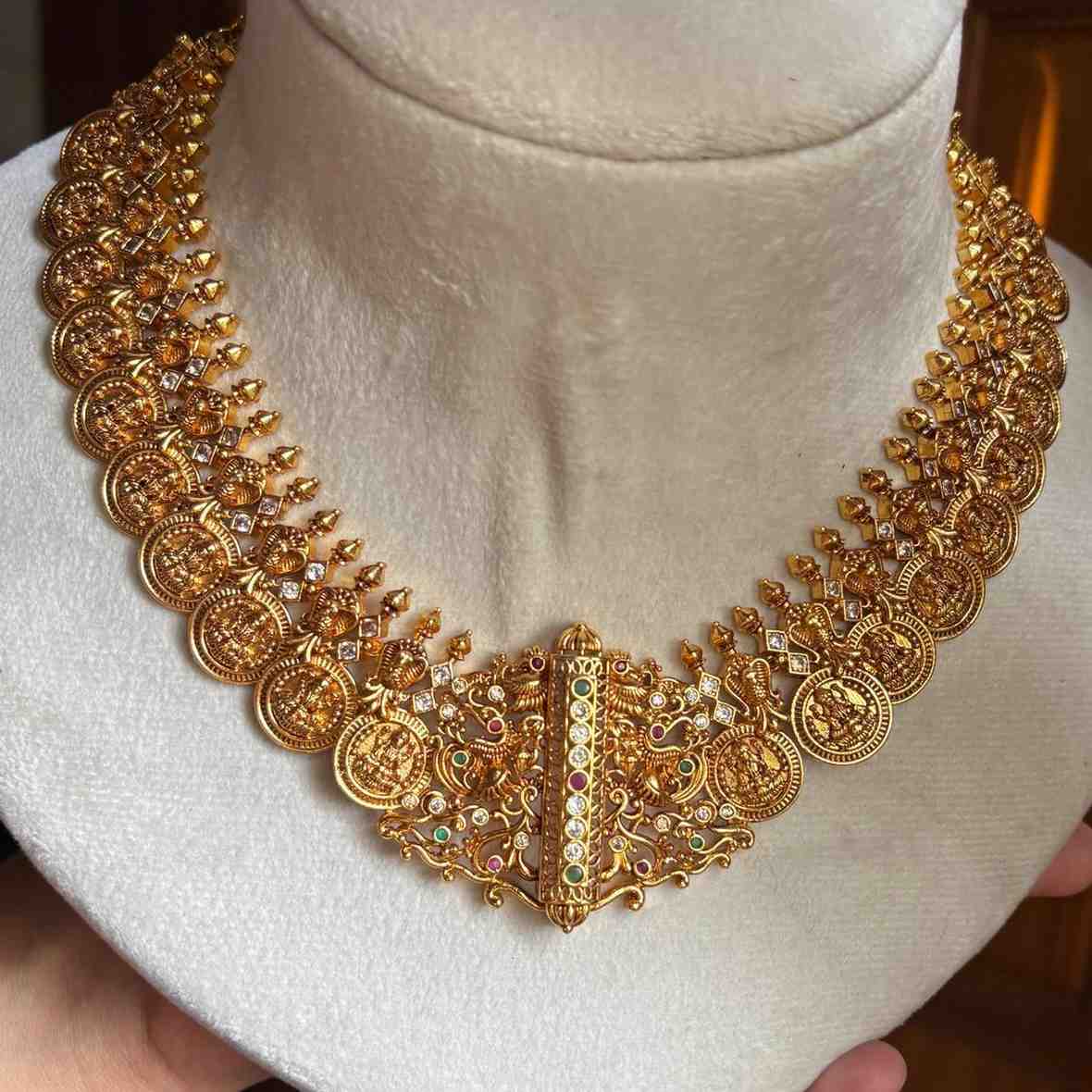 Premium Quality Traditional Lakshmi Kasu mala Designed with Trendy Patterns On it comes with screw back earrings N0153-CS200