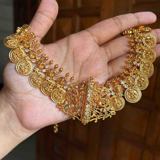 Premium Quality Traditional Lakshmi Kasu mala Designed with Trendy Patterns On it comes with screw back earrings N0153-CS200