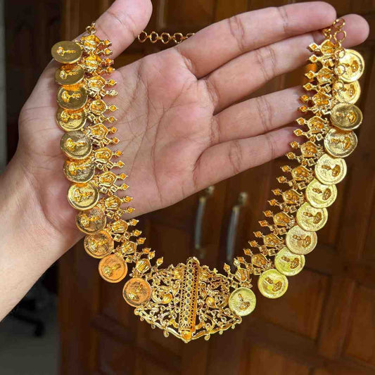 Premium Quality Traditional Lakshmi Kasu mala Designed with Trendy Patterns On it comes with screw back earrings N0153-CS200