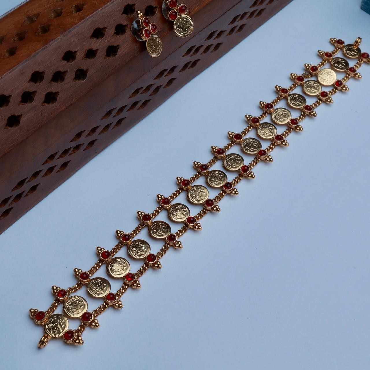 Premium Look Mate finish  Red Stone With Lakshmi Coin Pattern Chocker with Matching earrings N0146-CJ23