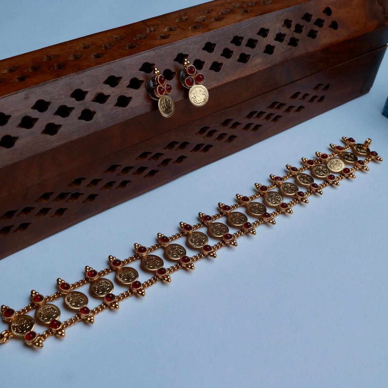 Premium Look Mate finish  Red Stone With Lakshmi Coin Pattern Chocker with Matching earrings N0146-CJ23